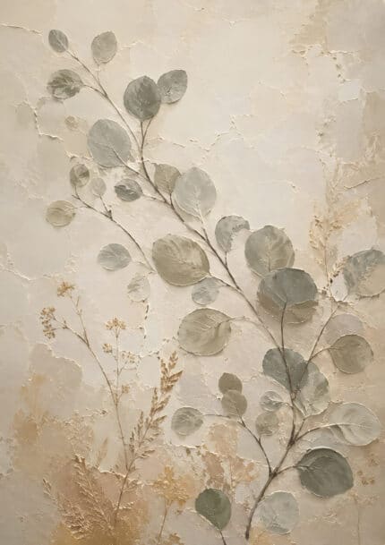 石膏風の背景に丸葉と野草が伸びるベージュのボタニカルアートパネル