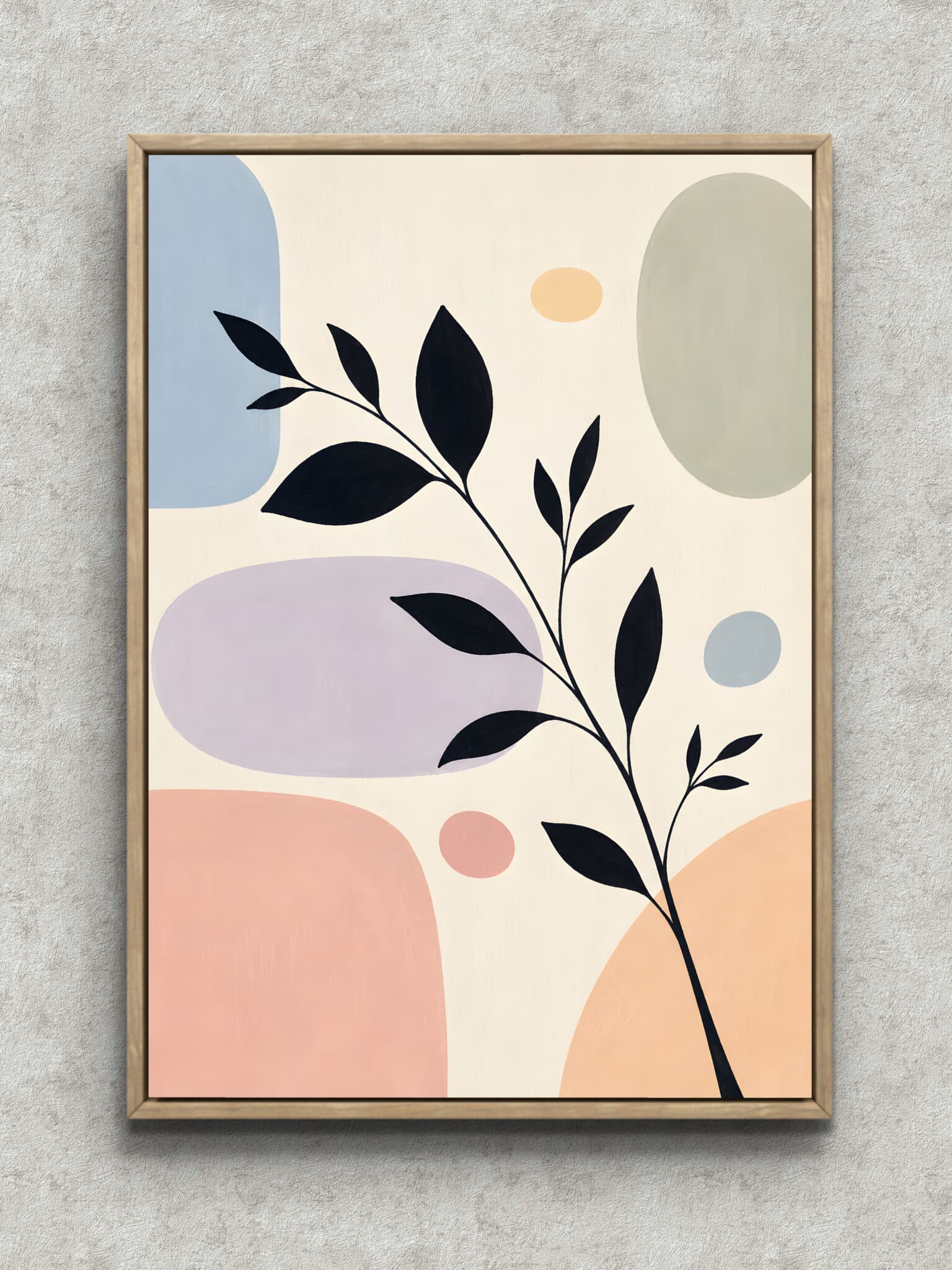 black-leaf-abstract-interior-art-main-1-ma-11031.jpg 黒い葉枝と淡い色面が重なる縦構図の抽象ボタニカルアートパネル フレーム設置イメージ