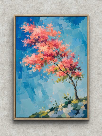 空色の背景にピンクの花枝が斜めに伸びる縦長のフラワーアートパネル フレーム設置イメージ