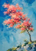 空色の背景にピンクの花枝が斜めに伸びる縦長のフラワーアートパネル