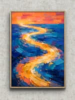 青と橙の光がS字に流れる縦構図の抽象アートパネル フレーム設置イメージ