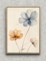 青花の余白 淡いブルーの透ける花びらと細い茎を描いたフラワーアートパネル フレーム設置イメージ