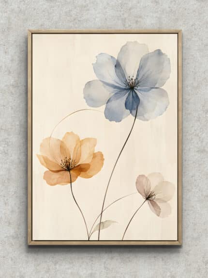 青花の余白 淡いブルーの透ける花びらと細い茎を描いたフラワーアートパネル フレーム設置イメージ