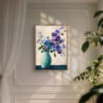 リビングに飾った青紫の花と青い花瓶の静物アートの設置イメージのアートパネル 設置イメージ 1