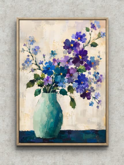 青い花瓶に青紫の花を描いた余白のある縦長の静物アートのアートパネル フレーム設置イメージ