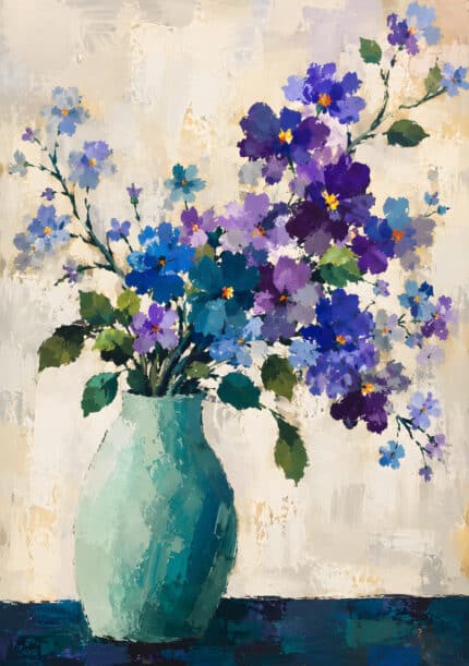 青い花瓶に青紫の花を描いた余白のある縦長の静物アートのアートパネル