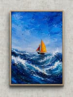 荒波を進む小さな帆船を青い海と空で描いた海の風景アートパネル フレーム設置イメージ