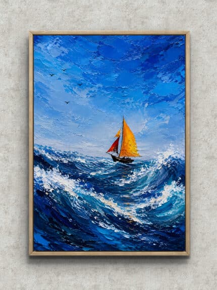 荒波を進む小さな帆船を青い海と空で描いた海の風景アートパネル フレーム設置イメージ