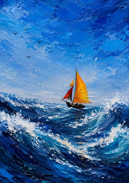 荒波を進む小さな帆船を青い海と空で描いた海の風景アートパネル