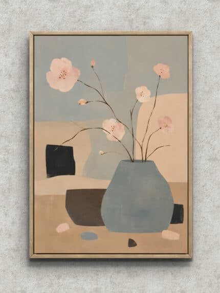 くすみブルーの花瓶と淡い桜色の枝を描いた縦構図の抽象アートパネル フレーム設置イメージ