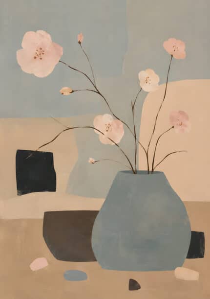くすみブルーの花瓶と淡い桜色の枝を描いた縦構図の抽象アートパネル