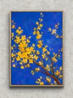 濃い青の背景に黄色い小花が枝いっぱいに咲く縦長のフラワーアートパネル フレーム設置イメージ