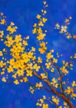 濃い青の背景に黄色い小花が枝いっぱいに咲く縦長のフラワーアートパネル