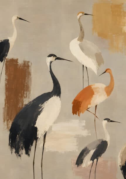 ベージュ地に鶴の群れを描いた静かな抽象 インテリアアート
