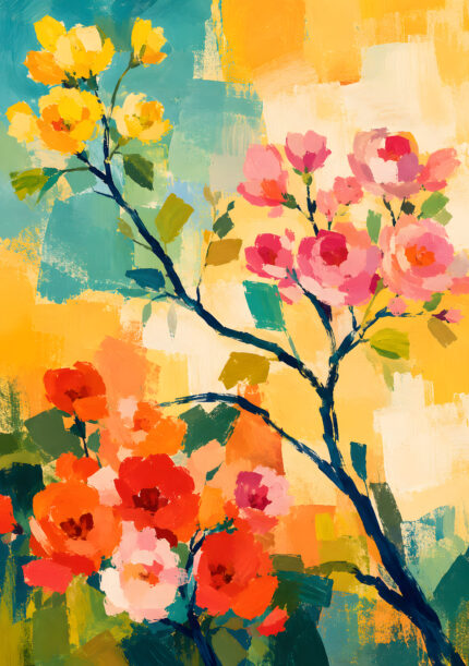 ターコイズ背景にピンクや黄色の花と枝を描いた縦構図のフラワーアートパネル