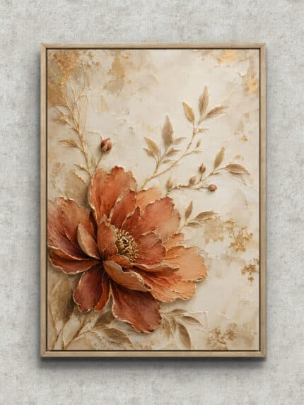 テラコッタの大輪花と金色の葉を描いた上品なフラワーアートパネル フレーム設置イメージ