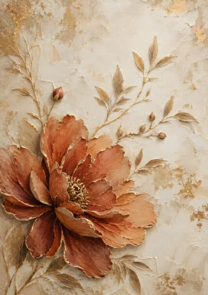 テラコッタの大輪花と金色の葉を描いた上品なフラワーアートパネル