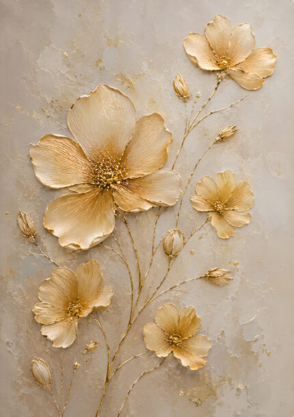 金の縁取りが入ったベージュの花を描いた立体感のあるフラワーアートパネル