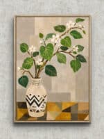 幾何学模様の花瓶に白い花と大きな葉を描いたボタニカルアートパネル フレーム設置イメージ