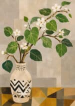 幾何学模様の花瓶に白い花と大きな葉を描いたボタニカルアートパネル