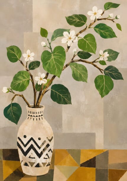 幾何学模様の花瓶に白い花と大きな葉を描いたボタニカルアートパネル
