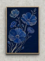 濃紺の背景に青い花とつぼみを淡い金線で描いた縦長のボタニカルアートパネル フレーム設置イメージ