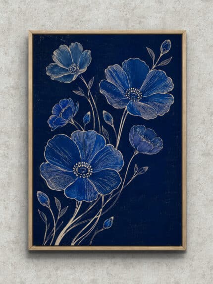 濃紺の背景に青い花とつぼみを淡い金線で描いた縦長のボタニカルアートパネル フレーム設置イメージ