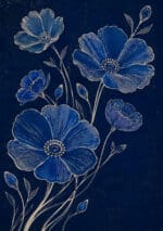 濃紺の背景に青い花とつぼみを淡い金線で描いた縦長のボタニカルアートパネル