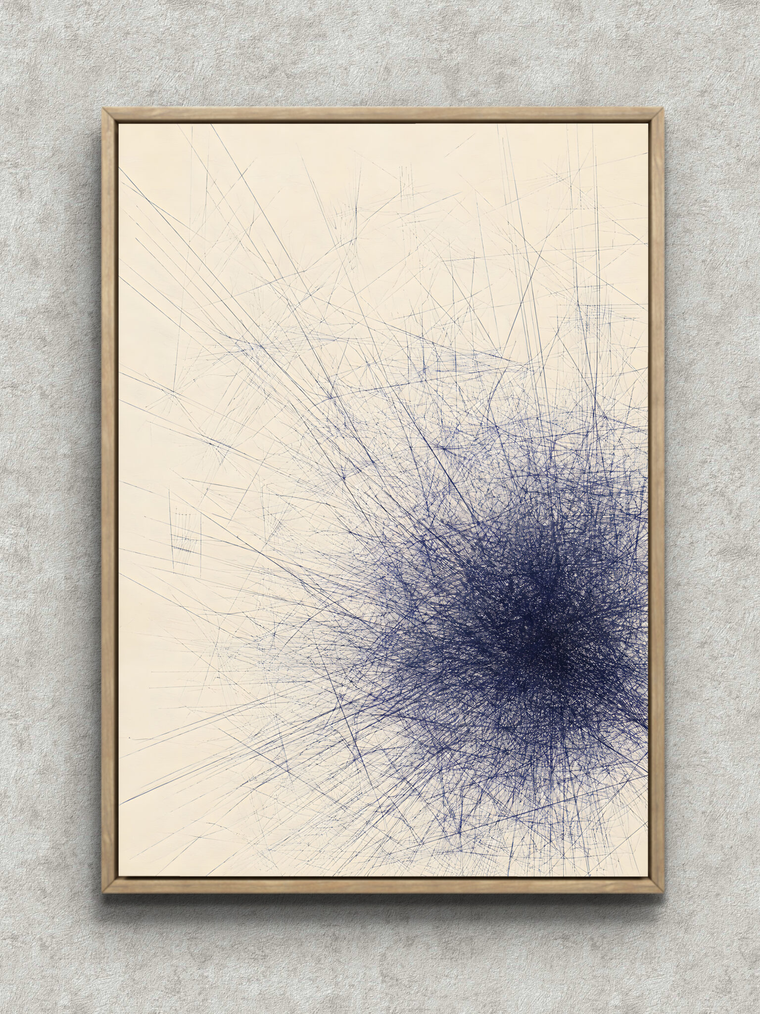 indigo-line-minimal-abstract-interior-art-main-1-ma-11011.jpg 生成りの余白に藍の細線が右下へ密集して広がる抽象 インテリアアート フレーム設置イメージ