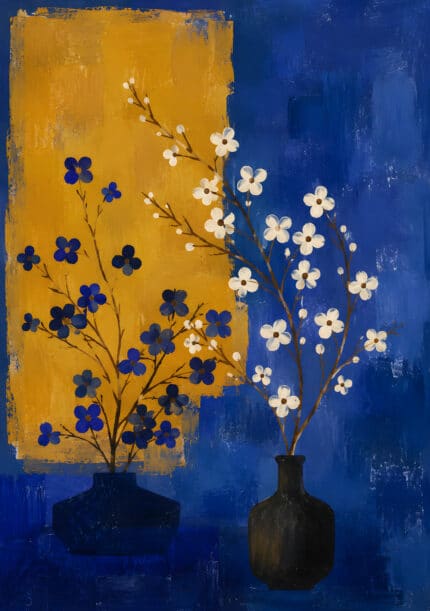 藍と黄土の背景に白と青の花枝を活けた花瓶の静物アートのアートパネル