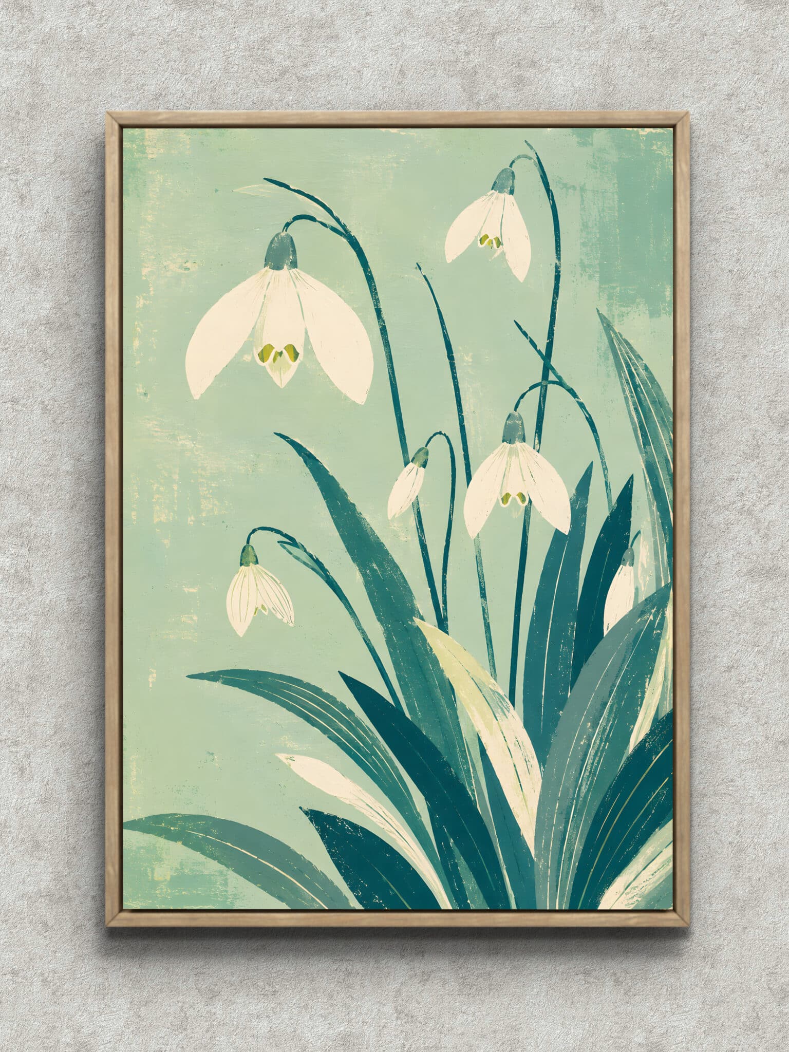 mint-snowdrop-botanical-interior-art-main-1-ma-11021.jpg 淡いミントグリーンに白いスノードロップが咲く縦構図のボタニカルアートパネル フレーム設置イメージ