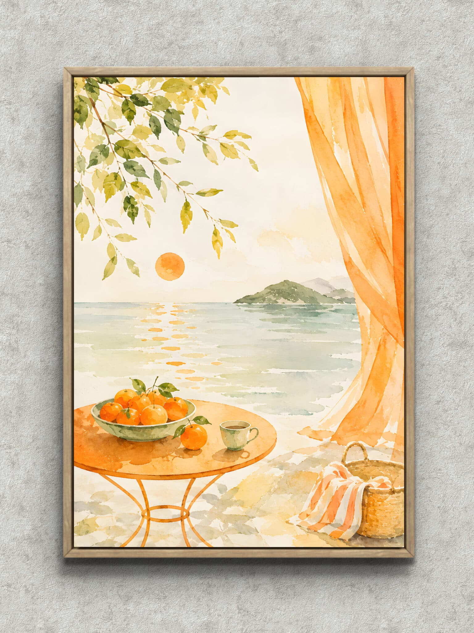 orange-citrus-seaside-interior-art-main-1-ma-11002.jpg 柑橘の実と枝葉の向こうに海と小島が広がる水彩のボタニカルアートパネル フレーム設置イメージ