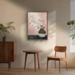 リビングに飾った桃色の花器モチーフの縦長アートの設置イメージのアートパネル 設置イメージ 2