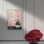 リビングに飾った桃色の花器モチーフの縦長アートの設置イメージのアートパネル 設置イメージ 3
