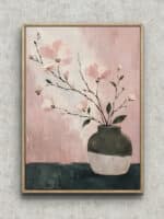 淡いピンクの花器と枝花を描いた縦長のボタニカルアートパネル フレーム設置イメージ