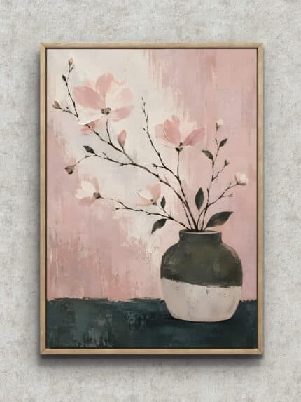 淡いピンクの花器と枝花を描いた縦長のボタニカルアートパネル フレーム設置イメージ