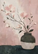 淡いピンクの花器と枝花を描いた縦長のボタニカルアートパネル