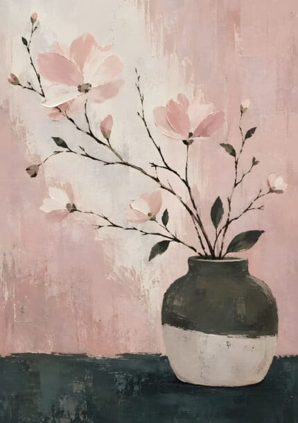 淡いピンクの花器と枝花を描いた縦長のボタニカルアートパネル