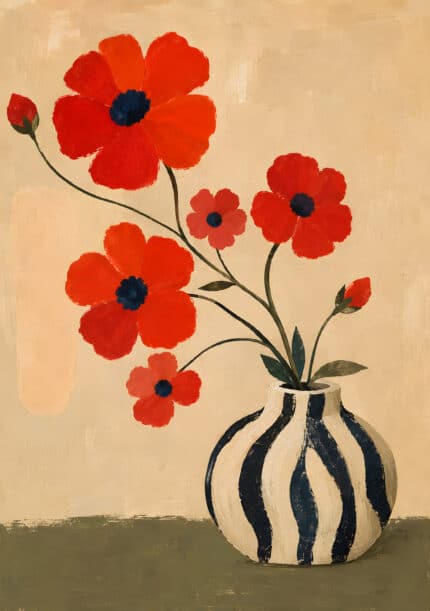赤い花と縞模様の花瓶を描いた縦構図のフラワーアートパネル