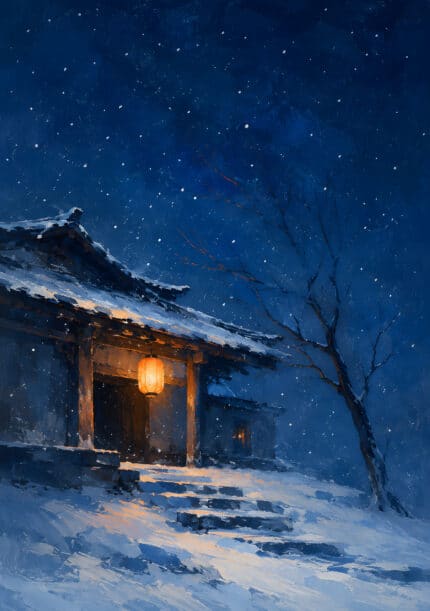 深い青の夜空と雪の古民家に提灯が灯る冬の風景アートパネル