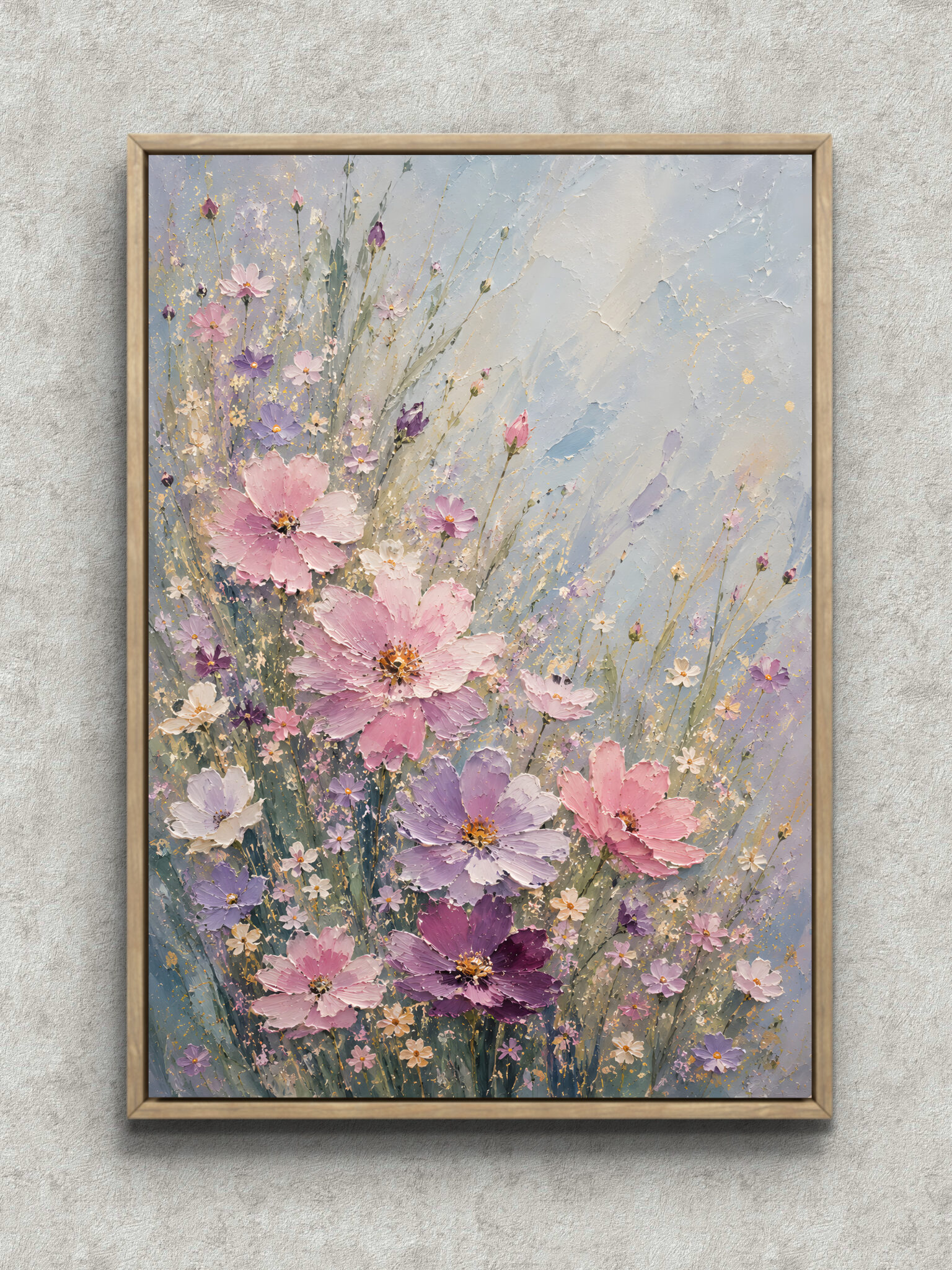 soft-cosmos-abstract-interior-art-main-1-ma-11004.jpg 淡いピンクとラベンダーのコスモスが舞う縦構図のフラワーアートパネル フレーム設置イメージ