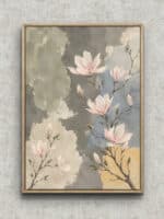 淡い木蓮の花とつぼみを描いた水彩調ボタニカルアートパネル フレーム設置イメージ