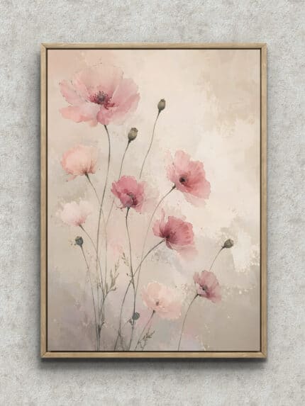 淡いピンクの花とつぼみが縦にのびる余白のあるフラワーアートパネル フレーム設置イメージ