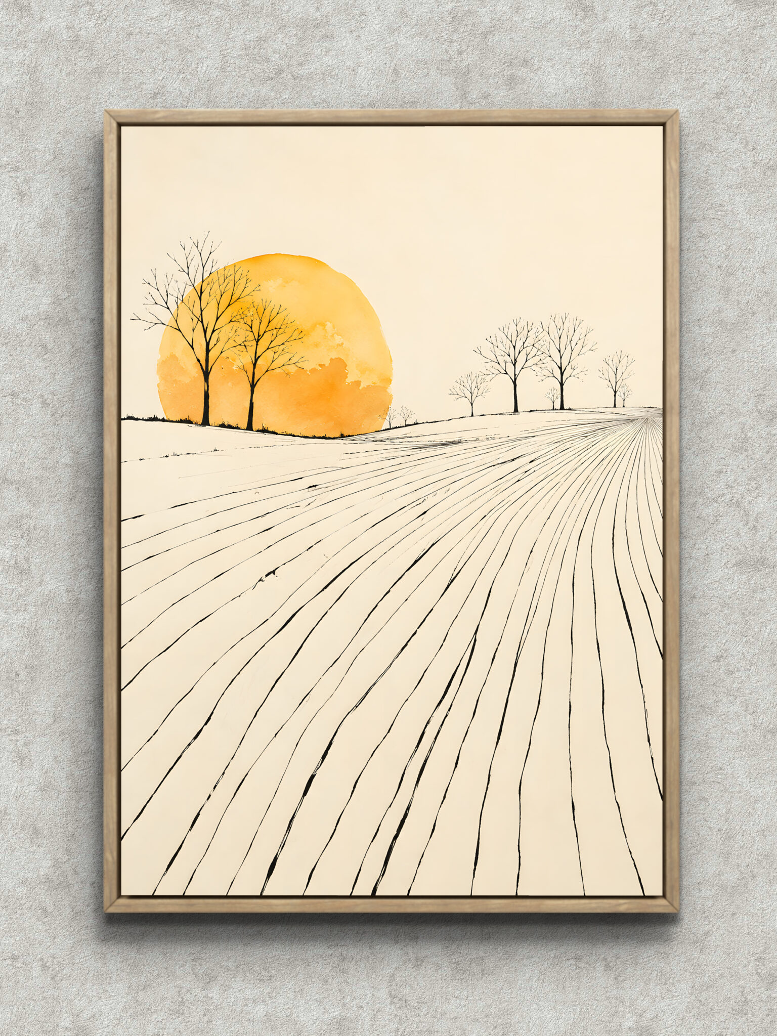 sun-hill-minimal-landscape-art-main-1-ma-11006.jpg 大きな太陽と細い木々を描いた生成り色の風景アートパネル フレーム設置イメージ