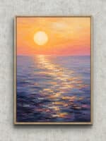 夕焼けの海と光の反射を描いた縦構図の風景アートパネル フレーム設置イメージ