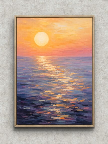 夕焼けの海と光の反射を描いた縦構図の風景アートパネル フレーム設置イメージ
