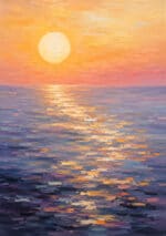 夕焼けの海と光の反射を描いた縦構図の風景アートパネル
