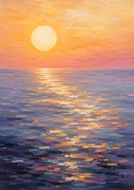 夕焼けの海と光の反射を描いた縦構図の風景アートパネル