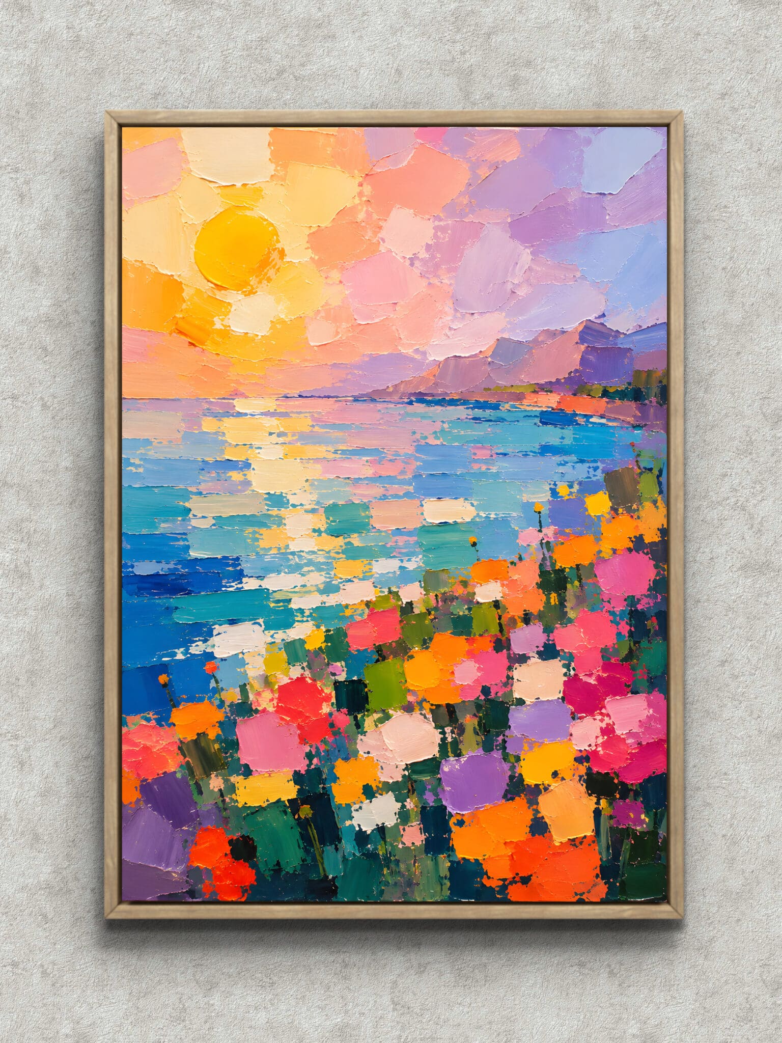sunlit-seaside-flowerfield-abstract-interior-art-main-1-ma-10991.jpg ピンクの夕空と海辺の花畑を描いた海辺の陽光の風景アートパネル フレーム設置イメージ