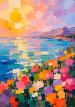 ピンクの夕空と海辺の花畑を描いた海辺の陽光の風景アートパネル
